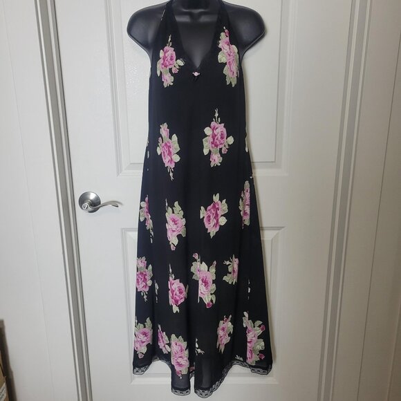 VTG Oscar de la Renta Pink Label M/L Black Pink Roses Floral Robe Nightgown Set - Picture 2 of 13